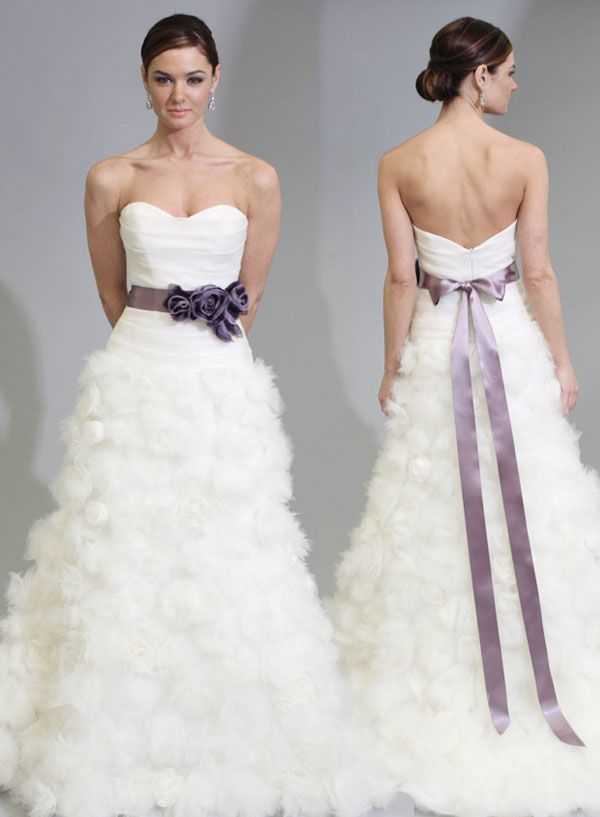 white wedding dress with lavender sash #weddingdress