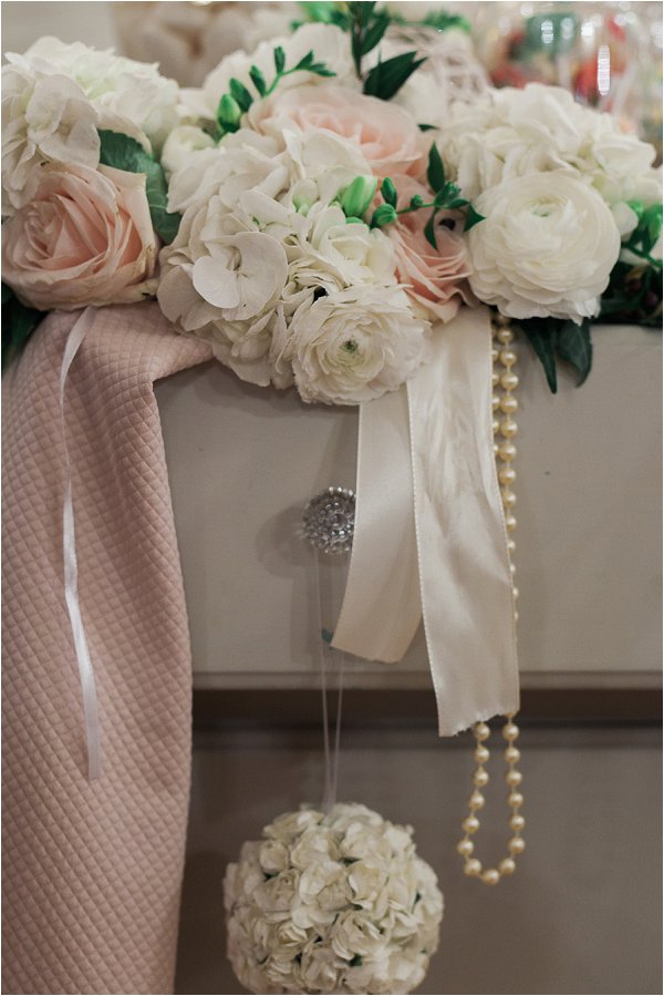 Pretty pastel wedding flowers and pearls