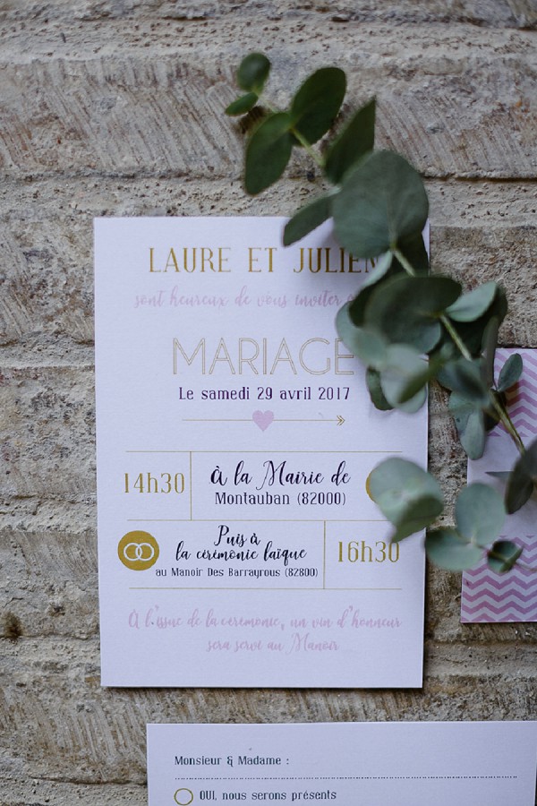 gold and pink wedding stationary