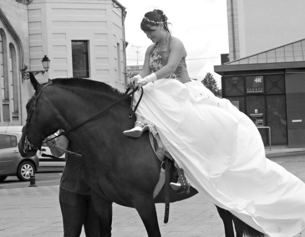 bride on horse back in France
