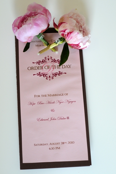 pink and chocolate wedding stationery