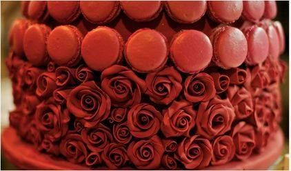 red macaron cake with roses