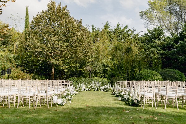 Outdoor wedding ceremony set up with white chairs on green grass