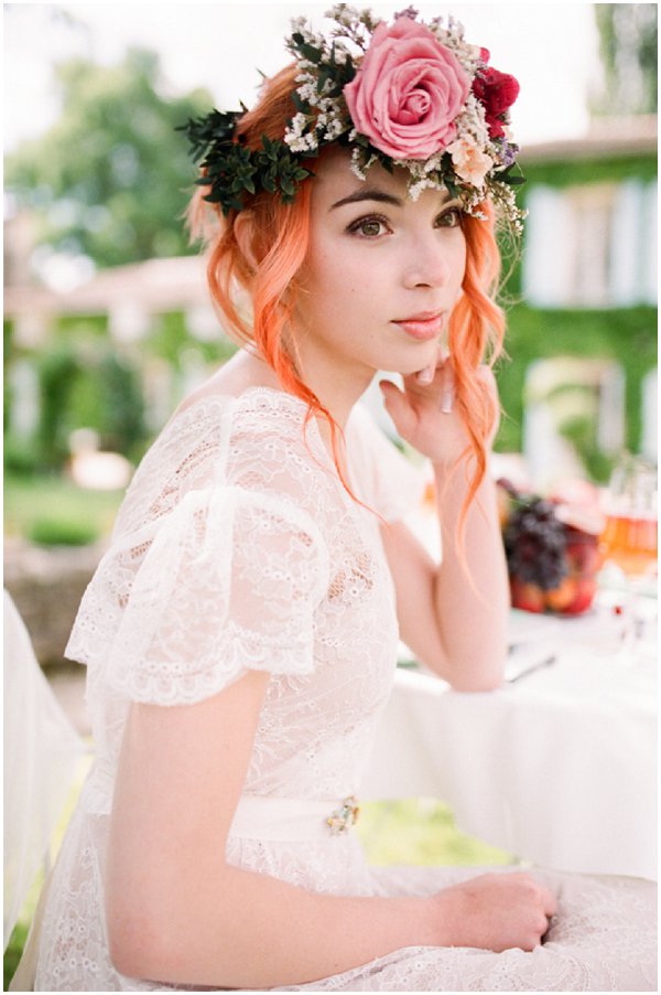 large floral crown on red head bride 