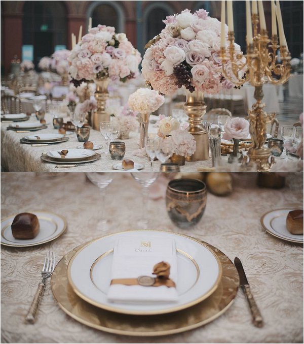 Pale pink and gold table decorations in Paris