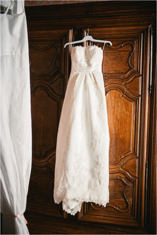 Strapless La Sposa wedding dress waiting for the bride