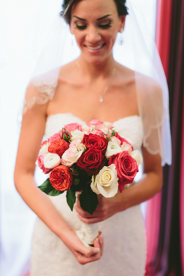 pink, white and red rose bridal bouquet