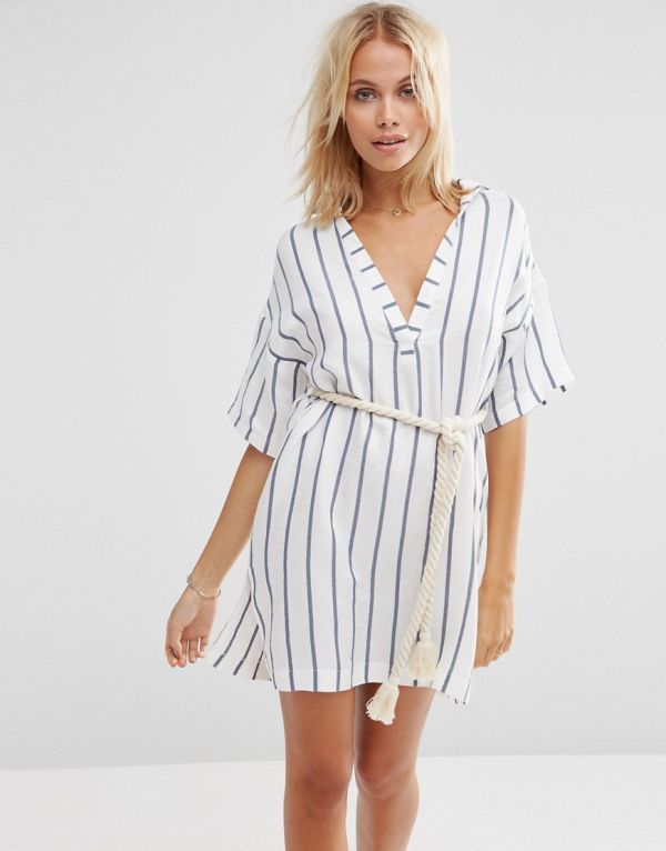 Stripe Rope Belted Beach Shirt Dress