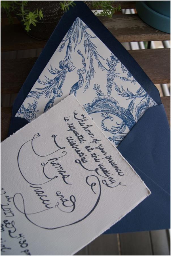 calligraphy blue and white wedding invitations