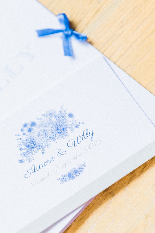 Blue and white wedding invite