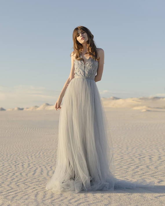 blue and gray tulle wedding dress
