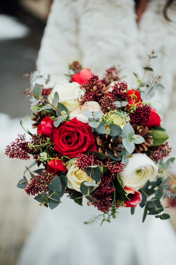 red, green and white bridal bouquet