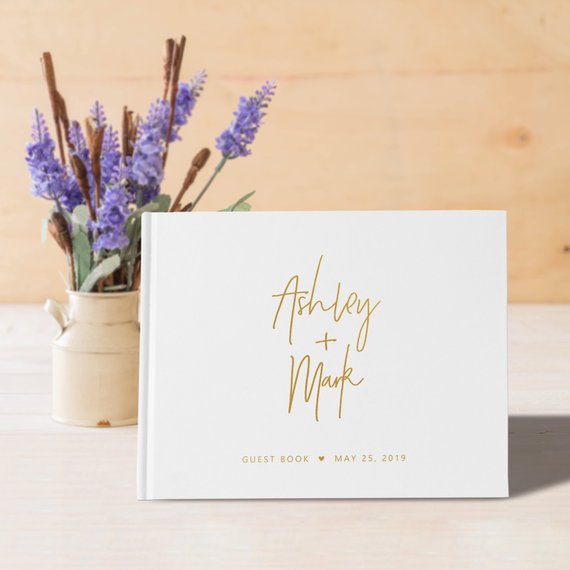 white and gold wedding guest book