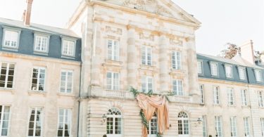 Facade Chateau de Courtomer set up for wedding ceremony