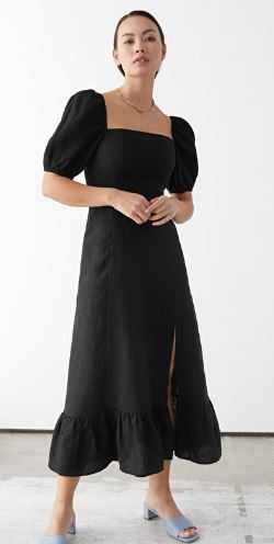 Linen Puff Sleeve Midi Dress