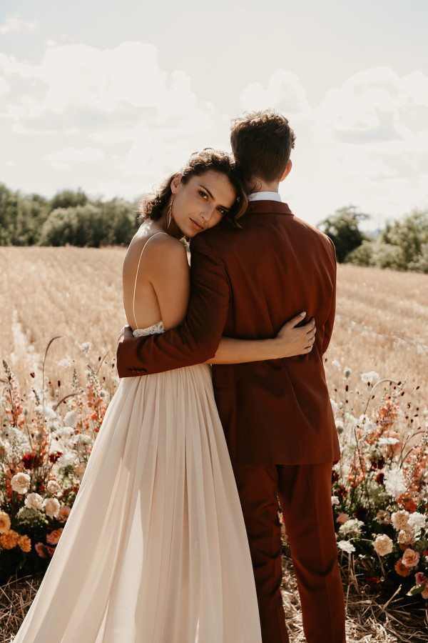 Bohemian wedding dress and suit