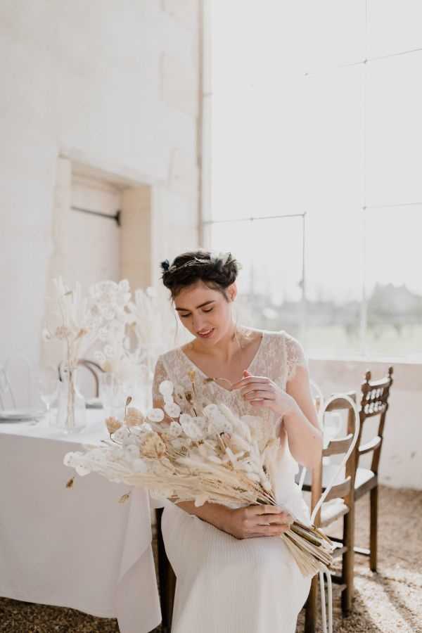 Bride Seated with White Floral Bouquet