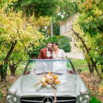 Just married couple in wedding car
