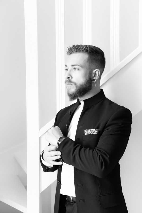 Groom Getting Ready in Black and White