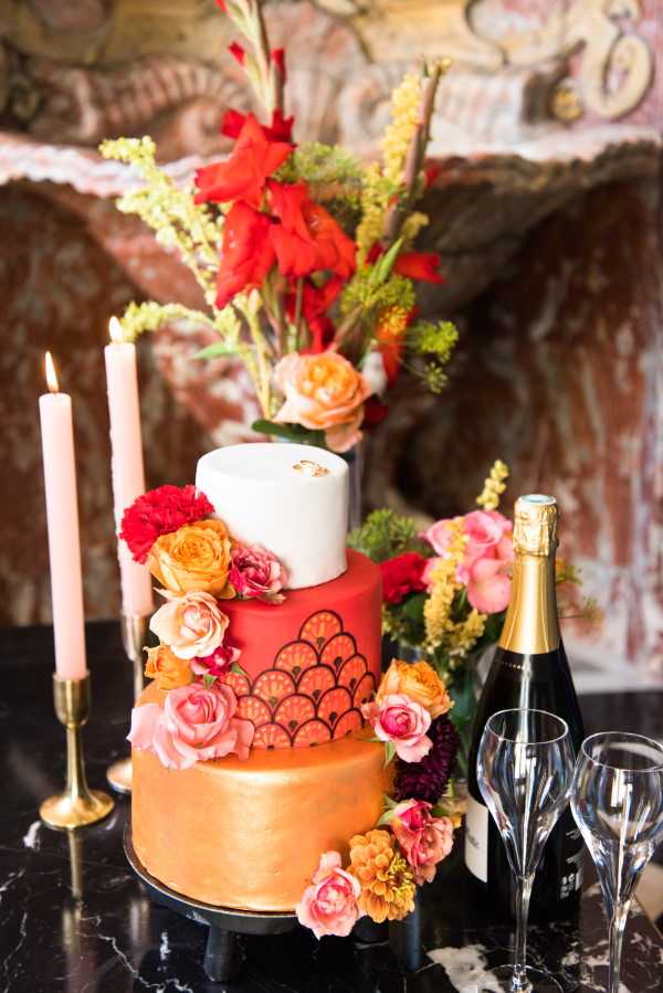 Red and Gold Japanese inspired French tiered Wedding Cake