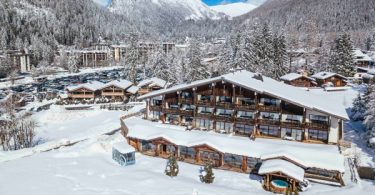 Aerial view of snow covered Hotel les Grands Montets