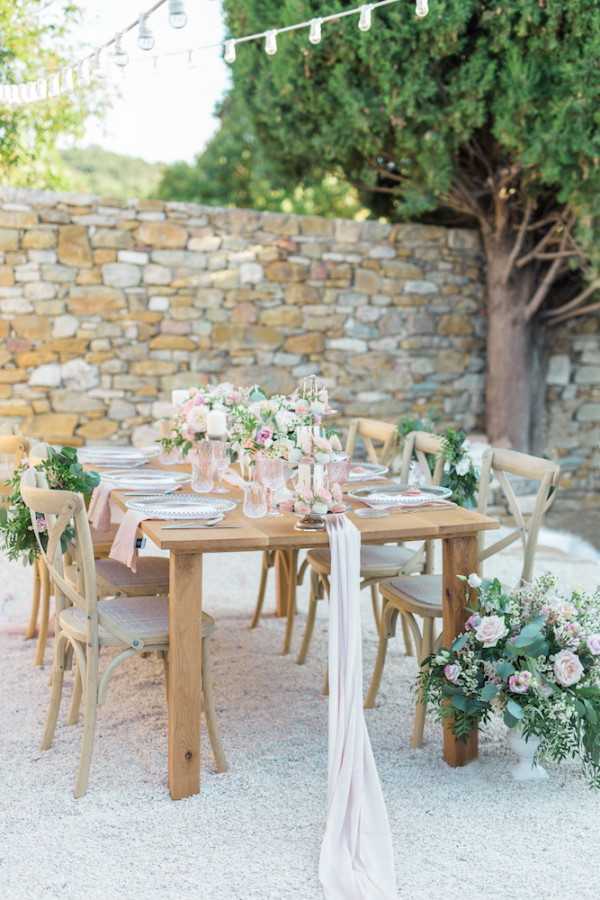 Pastel Wedding Table Setting Outside in French Hamlet in Provence