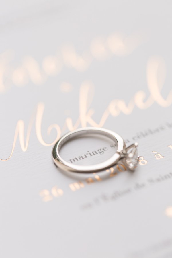 Diamond wedding ring on wedding stationery circling the word "wedding"