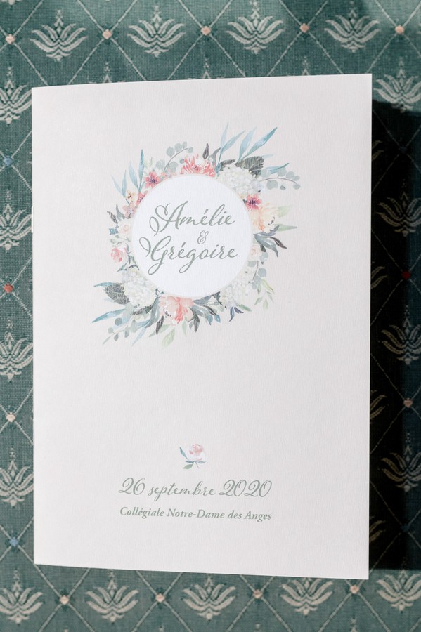 Floral Wedding Stationery with Amélie & Grégoire's names and date of 20 September 2020