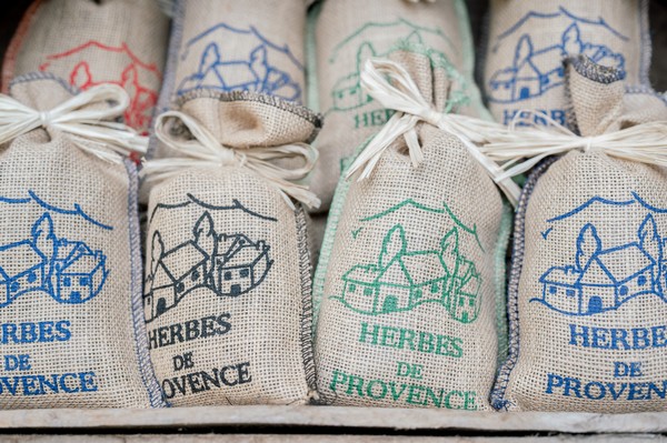 Wedding Favours of mini hessian sacks that say Herbes de Provence
