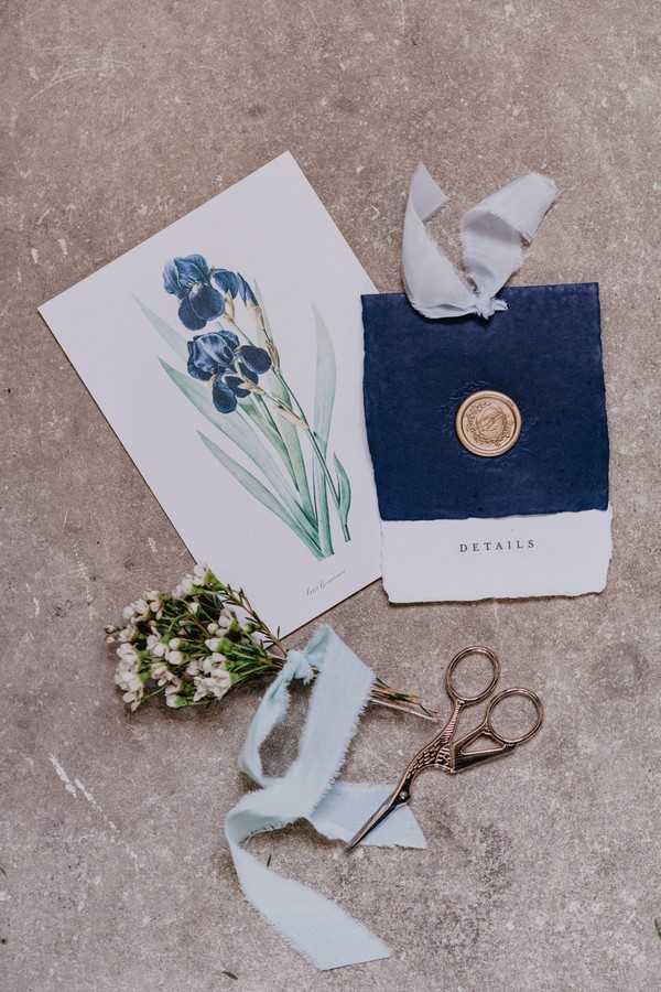 Iris flower printed stationery with gold wax seal and small posie of Baby's-breath