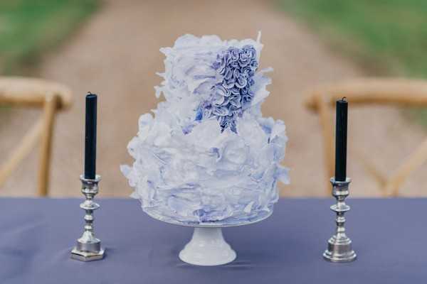 Blue and lilac ruffled floral 2 tier wedding cake