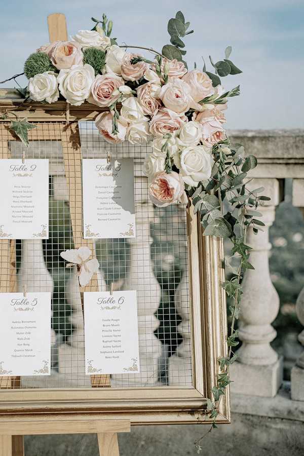 wedding seating plan on wire chicken mesh with pink roses decorating the corners