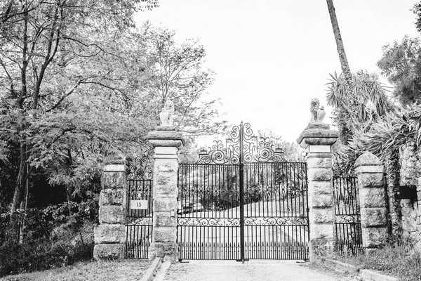 black and white image of wrought iron gates into Chateau St Georges in Grasse