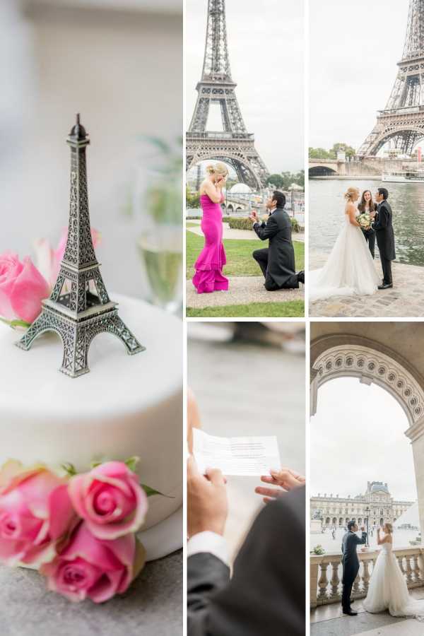 Collage of Surprise Engagement and Wedding in Paris