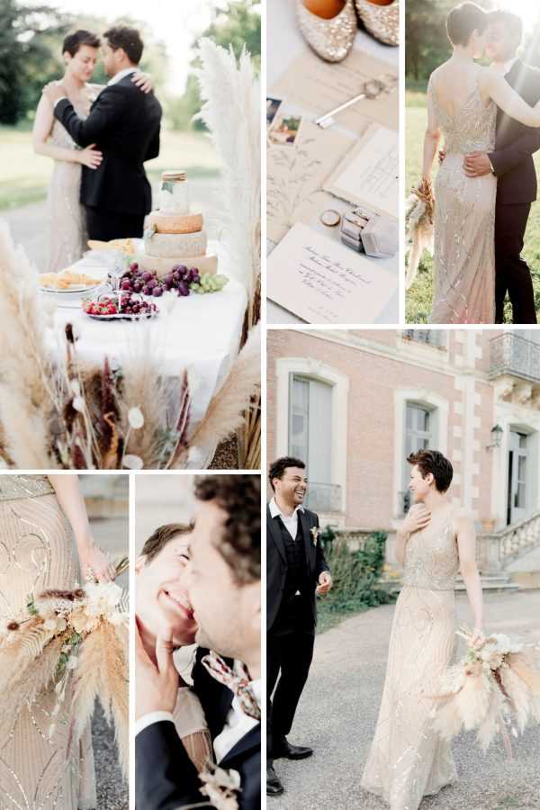 Collage of bride and groom in styled photo shoot with cream and white colour palette