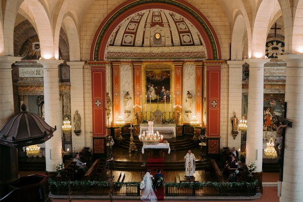 Inside of beautiful French chapel looking at the altar