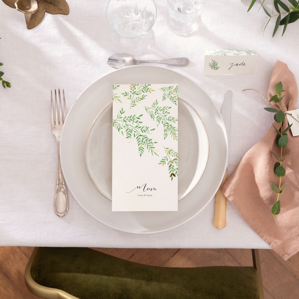 green foliage printed wedding stationery menu