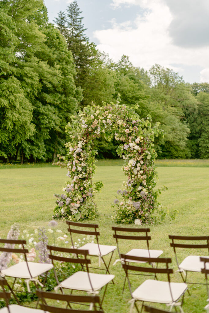 pastel color wedding floral arbor