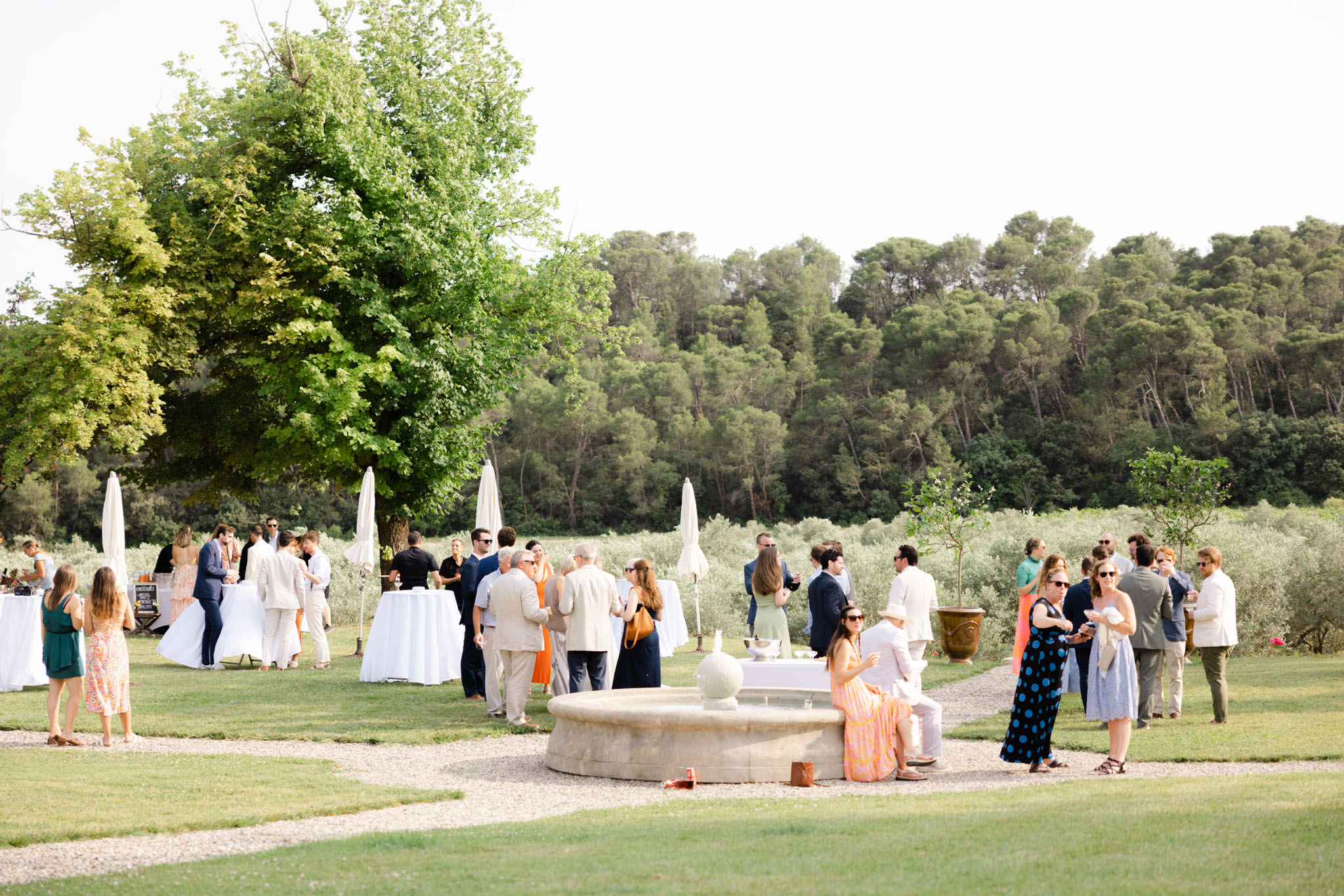 An outdoor cocktail hour taking place on the grounds of what appears to be a Provençal estate, with approximately 40 guests mingling across a large lawn area. The setting features a gravel path, a stone fountain used as a cocktail table centerpiece with white ceramic vessels, white-clothed high-top tables, and closed cream parasols positioned throughout the space. A large terracotta pot with a small potted tree is visible to the right. Guests are dressed in smart-casual summer attire including navy suits, linen trousers, a teal wrap dress, a navy polka-dot dress, and colorful summer dresses in orange-pink and floral prints. A chalkboard sign is partially visible near a bar or food station on the left. The wide shot captures the full scope of the outdoor reception space set against an olive grove and woodland backdrop. The overall styling is clean and classic with a neutral palette of white and cream decor against the natural landscape.