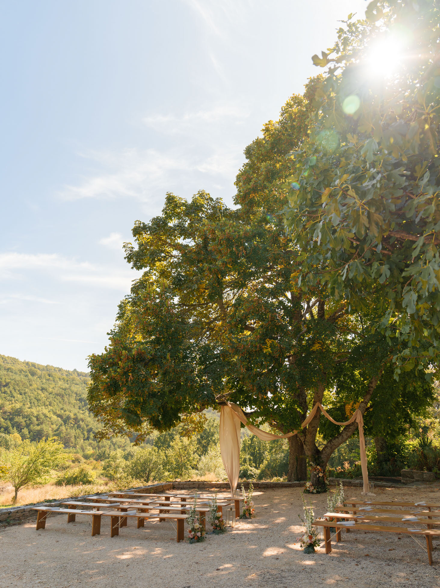 An outdoor ceremony setup photographed before the wedding, with no guests or couple present. The ceremony space is arranged on a sandy terrace with wooden benches set in rows on either side of a central aisle, forming a U-shaped seating arrangement. The altar area features two draped fabric panels in warm cream or champagne tones, tied to the trunks of two large mature trees, creating a natural archway effect. Small floral arrangements in peach, white, and blush tones are placed at the base of the altar and along the aisle, with glass lanterns interspersed among them. The overall decor palette is warm and natural — cream fabric, warm wood benches, and soft-toned florals — consistent with a rustic or organic styling theme. The wide-angle shot captures the full ceremony layout against a backdrop of wooded hillside, with strong sunlight and lens flare visible in the upper right corner. Potential venue feature image.