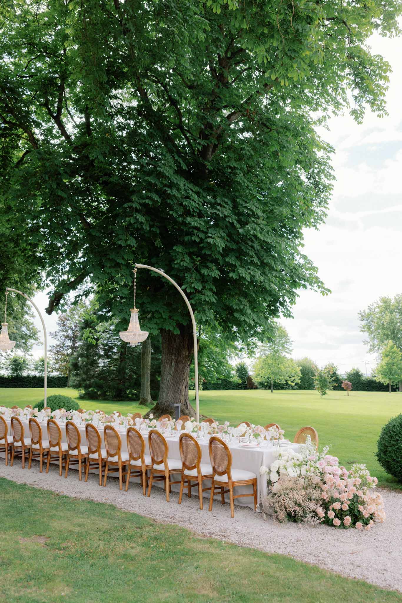 Outdoor banquet table under mature tree with honey wood chairs, metal arches with pendant lights, blush floral centerpieces