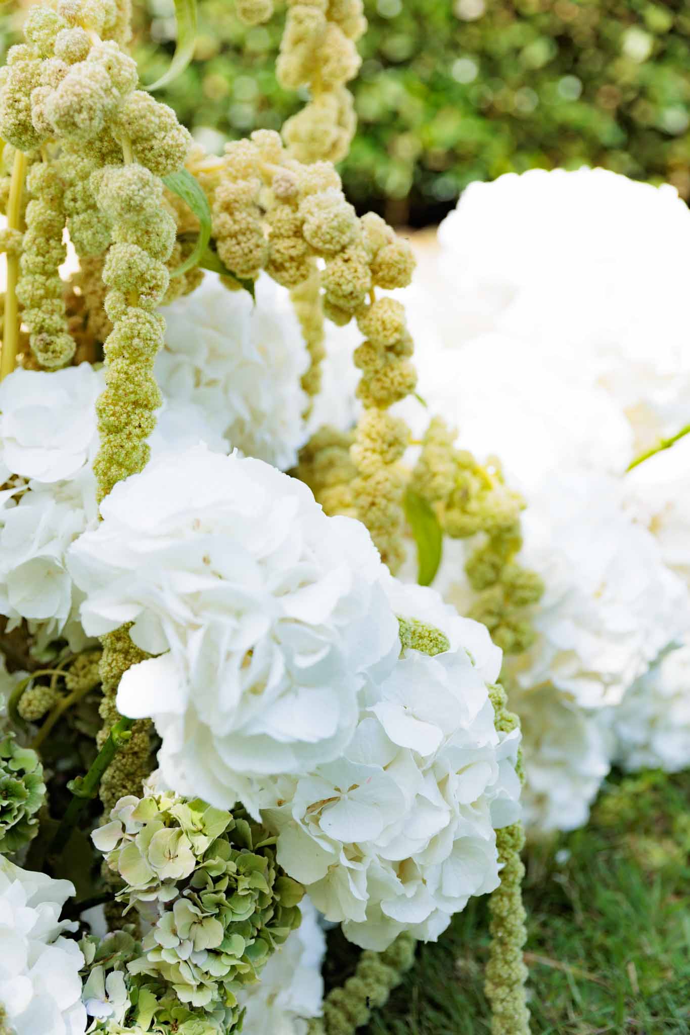 Close-up detail shot of a floral arrangement featuring white hydrangeas, white garden roses, and sage-green hydrangeas, interspersed with trailing green amaranthus stems. The palette is strictly white and green, giving the arrangement a fresh, garden-style aesthetic. The arrangement appears to be set outdoors, likely as part of a ceremony backdrop or ground-level installation. The composition is tightly cropped, emphasizing the texture and layering of the blooms.