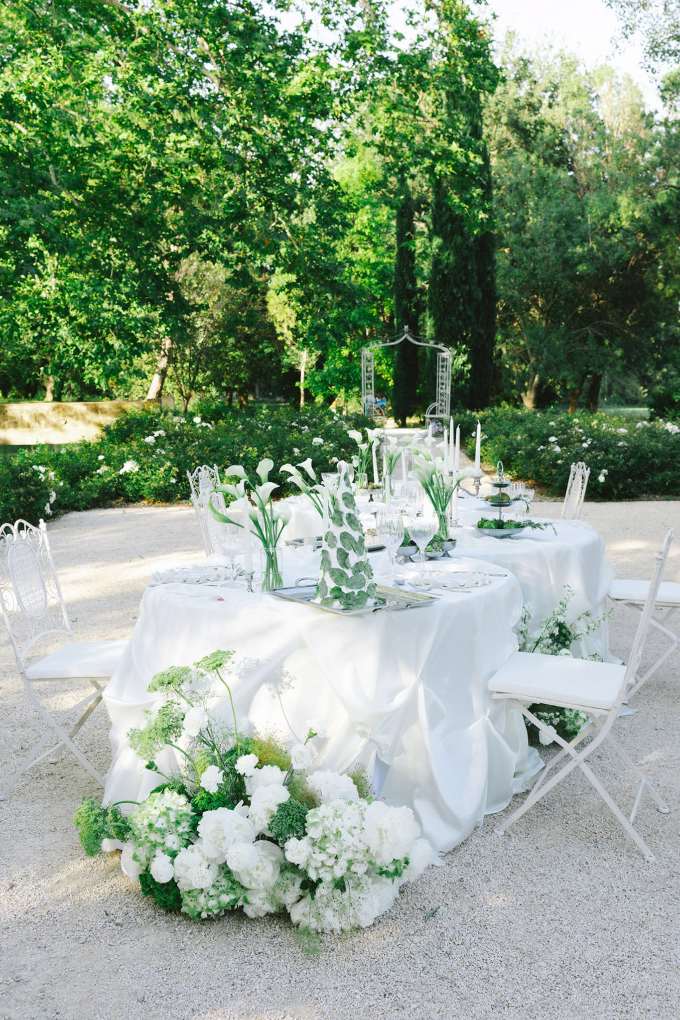 Round tables with ivory linens and white hydrangea centerpieces set for outdoor reception under mature trees