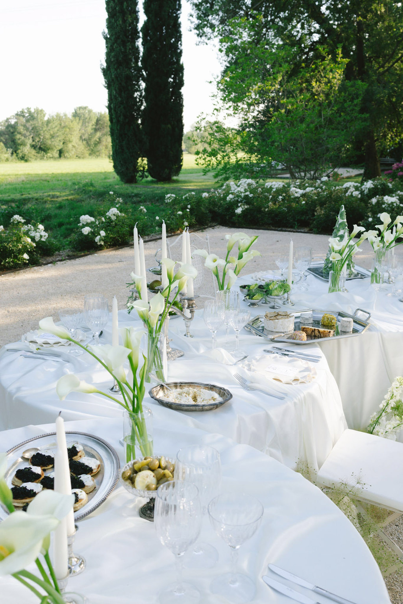 Outdoor reception table with white calla lily centerpieces and silver-rimmed plates in a cypress-lined garden