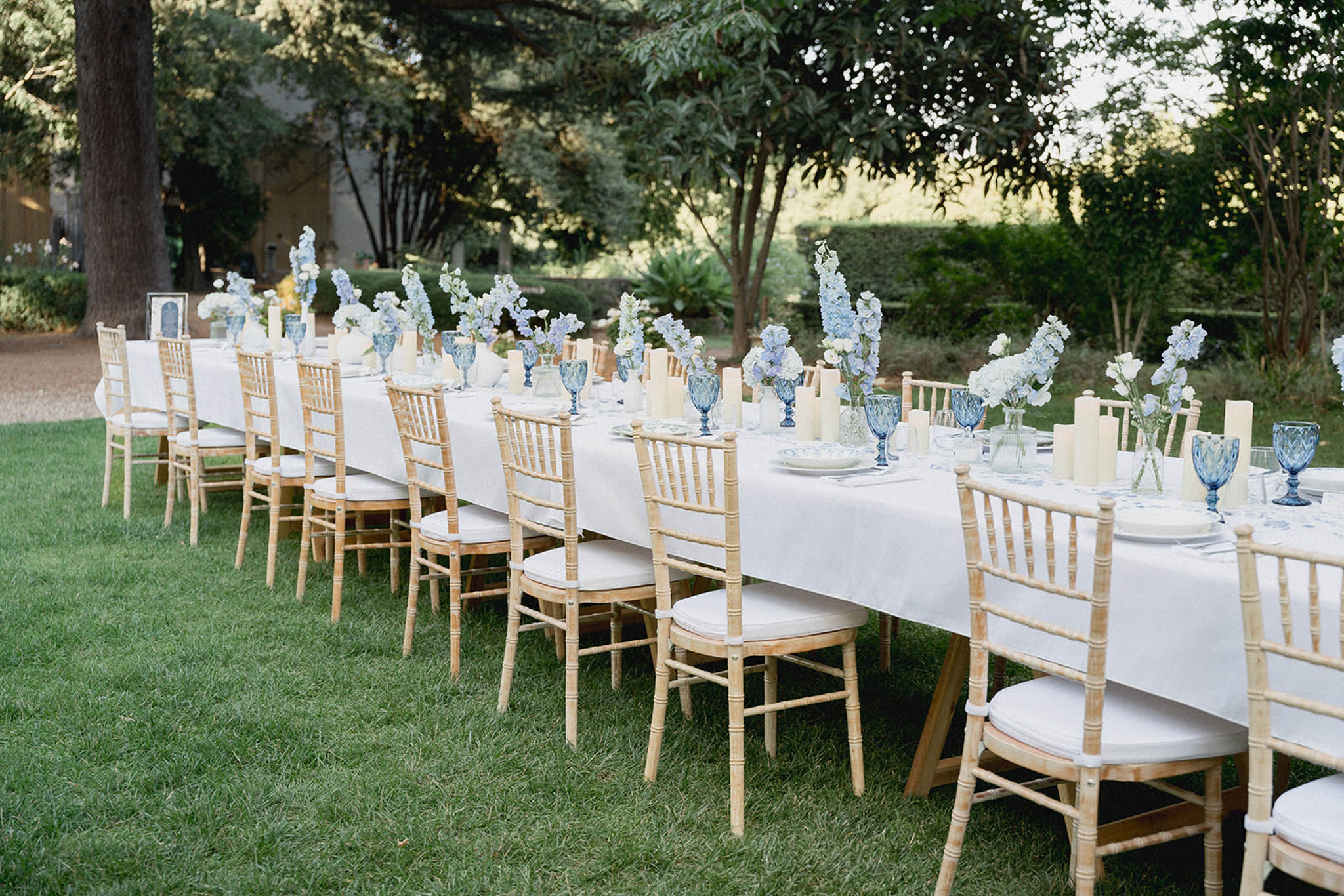Wedding reception table setting in a garden setting