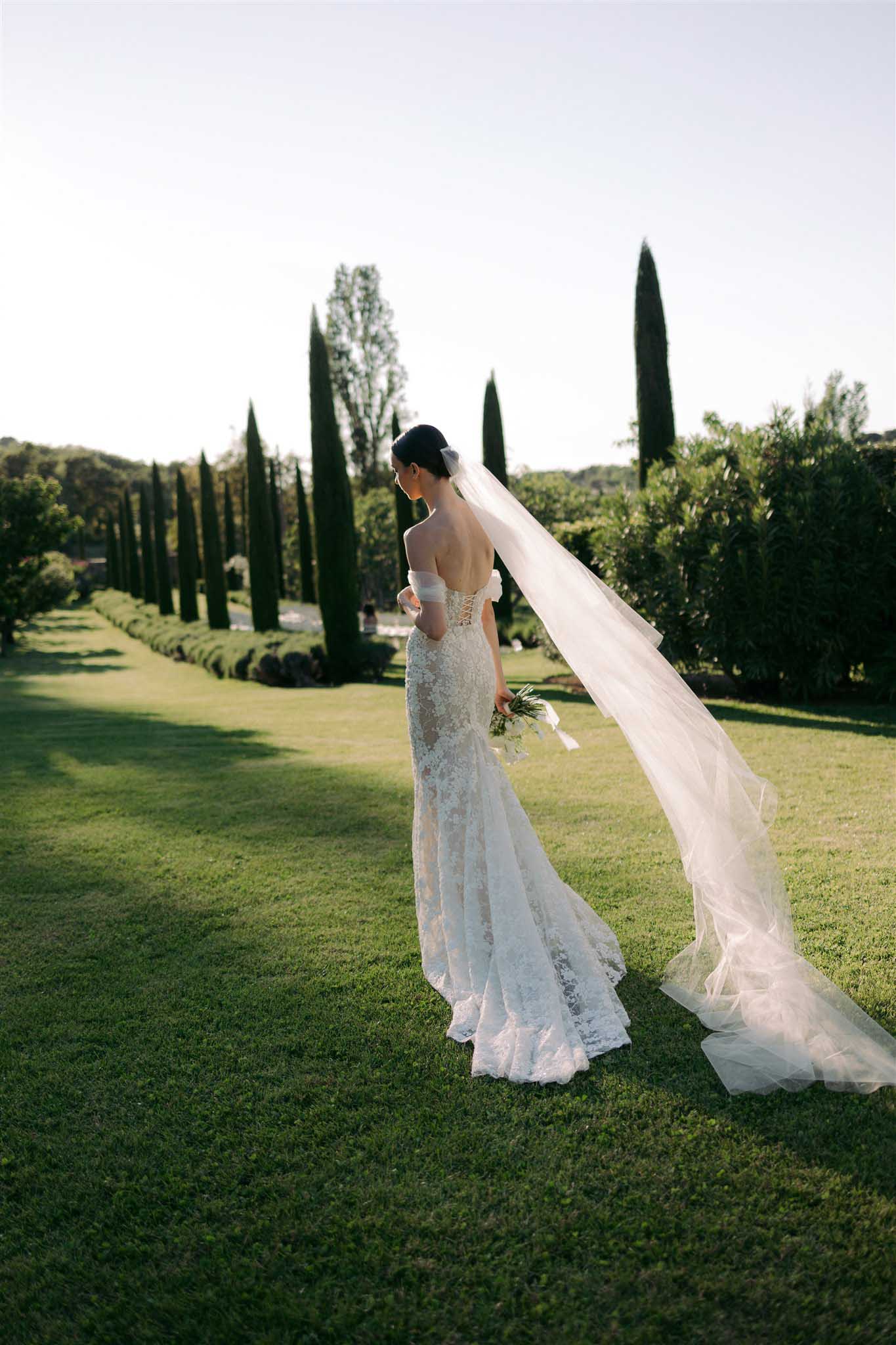 Bride in ivory lace gown with long veil on manicured lawn with cypress trees and rolling hills