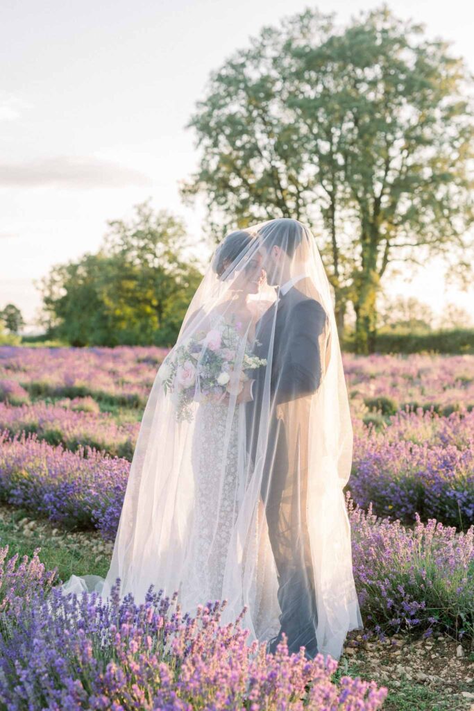 Lavander Fields A.Lucas bride groom inside veil sunset