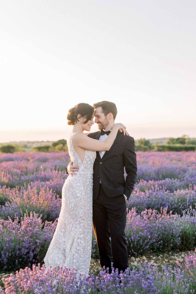Lavander Fields A.Lucas couple closer face groom hands hips