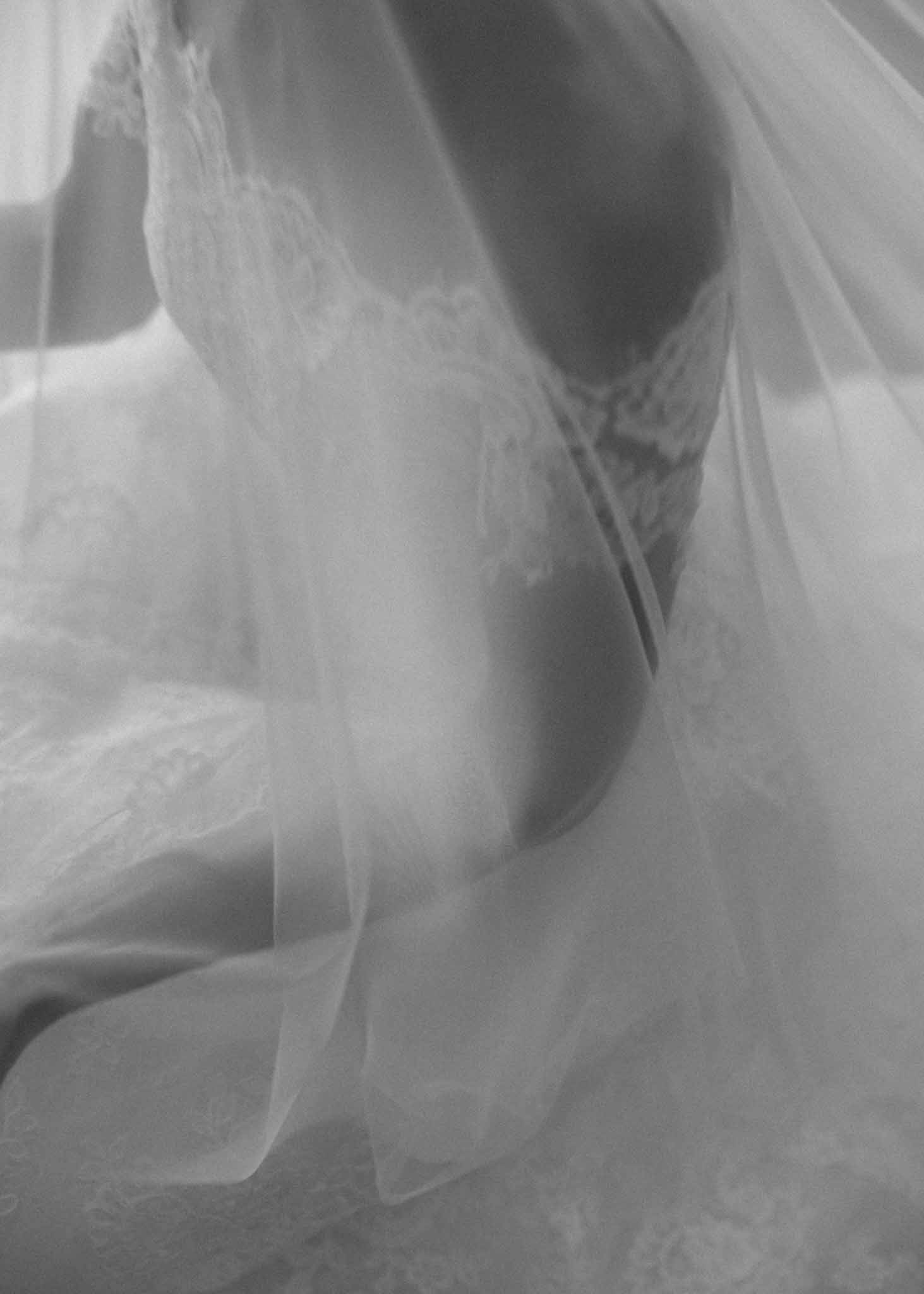 Black and white close-up of bridal gown lace bodice and sheer tulle veil layers