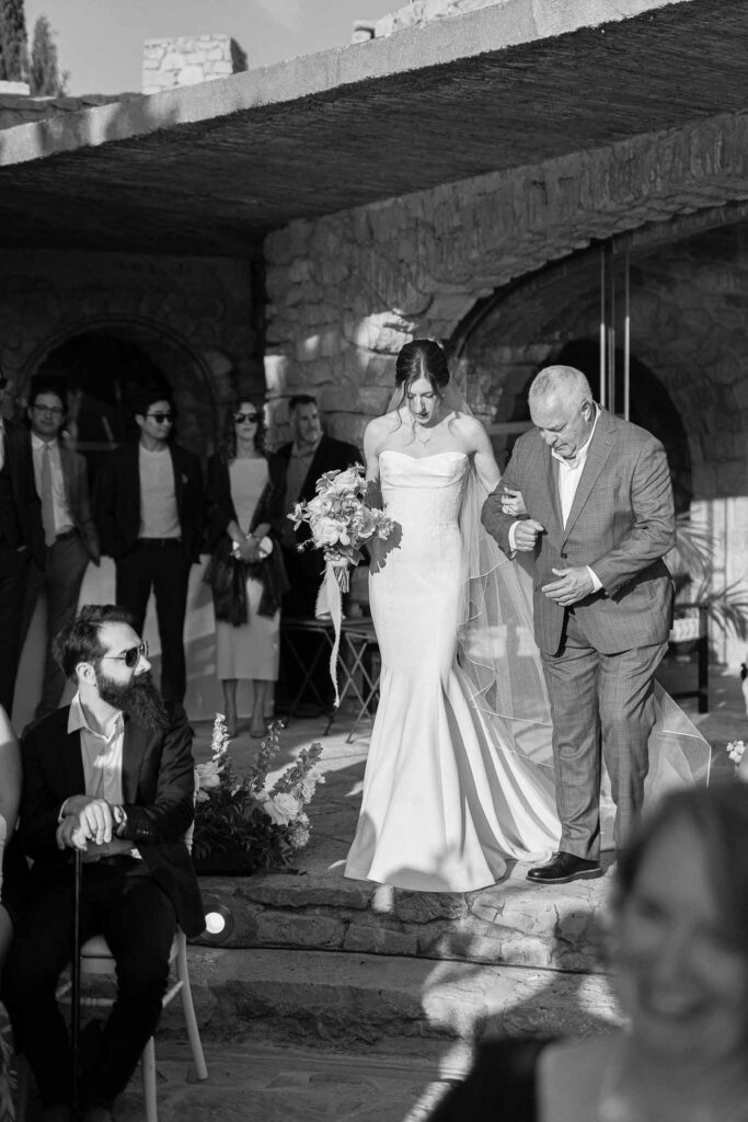 Chateau Cassis Olya bride father walking down aisle ceremony black white photo